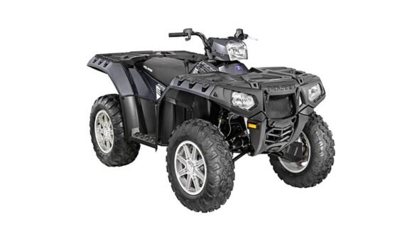 Black Polaris Sportsman ATV on a white studio background