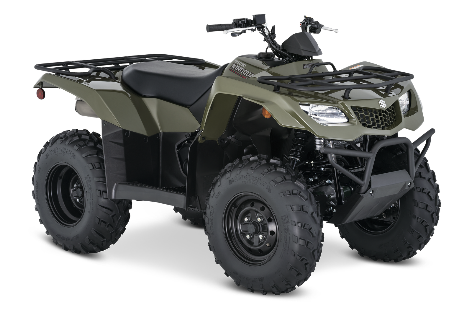 Olive-green Suzuki KingQuad 400 ASi utility ATV in a three-quarter front view