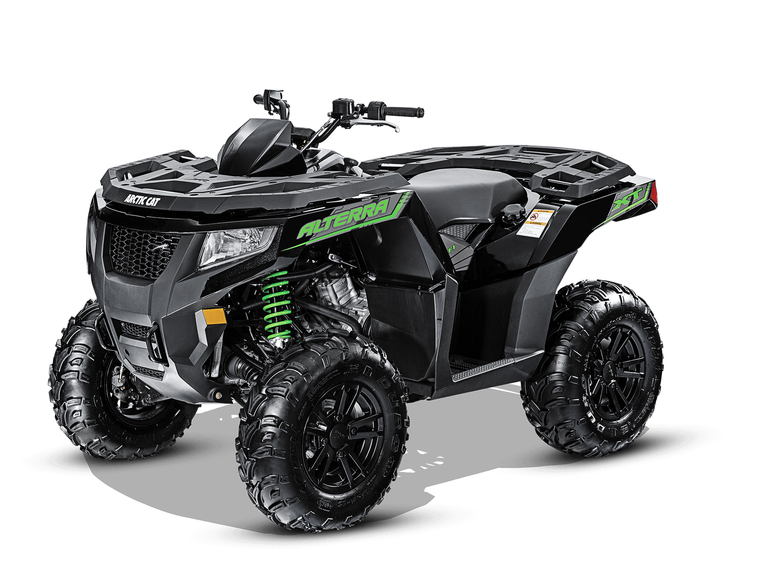 Black Arctic Cat Alterra ATV with lime-green graphics in a three-quarter studio view